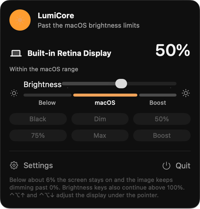 The LumiCore menu. A built-in display at 50 percent, inside the macOS range. The slider is marked Below, macOS, and Boost. Presets are Black, Dim, 50%, 75%, Max, and Boost.